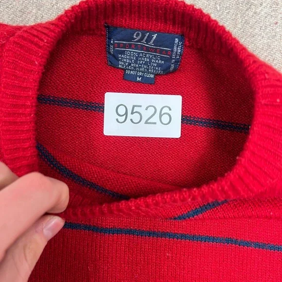 Vintage 911 Sportswear Sweater Mens Medium Red 1980s Striped Acrylic - Picture 10 of 10